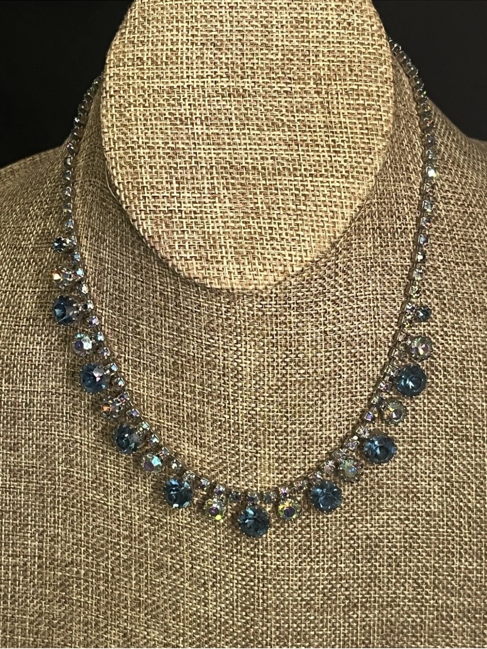 Vtg 50s Blue AB Aurora Borealis Crystal Rhinestone Choker. Statement Necklace
